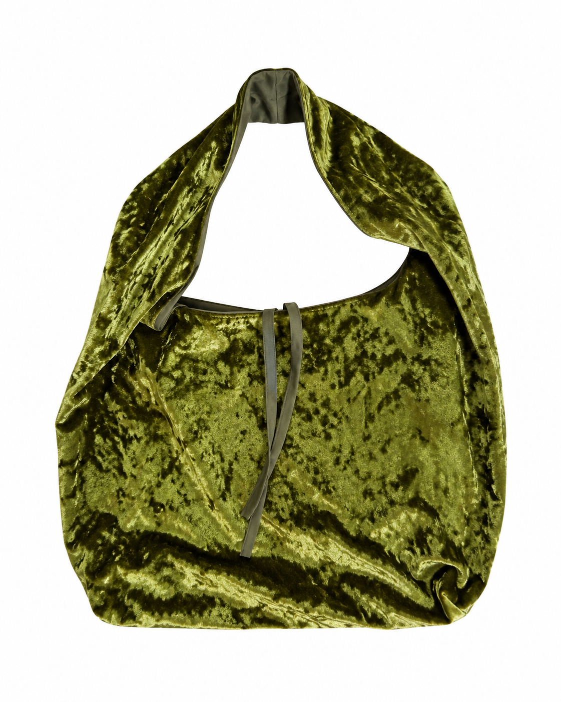 Golden olive green crushed velvet bag with a white background, made by Esra Kayira brand.