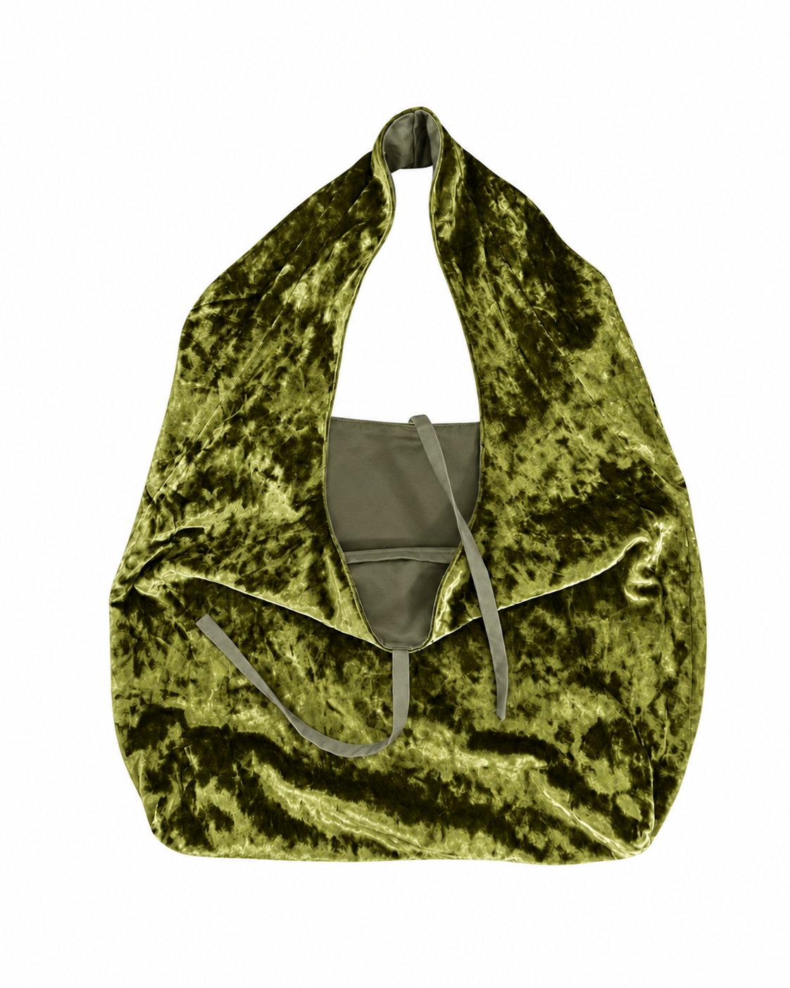 Golden olive green crushed velvet bag with a white background, made by Esra Kayira brand.
