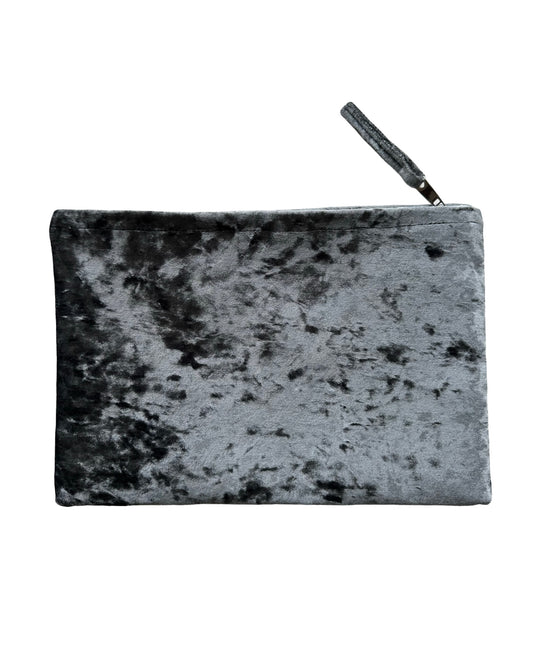 Gray crushed velvet clutch handmade in Turkey by Esra Kayıra brand.