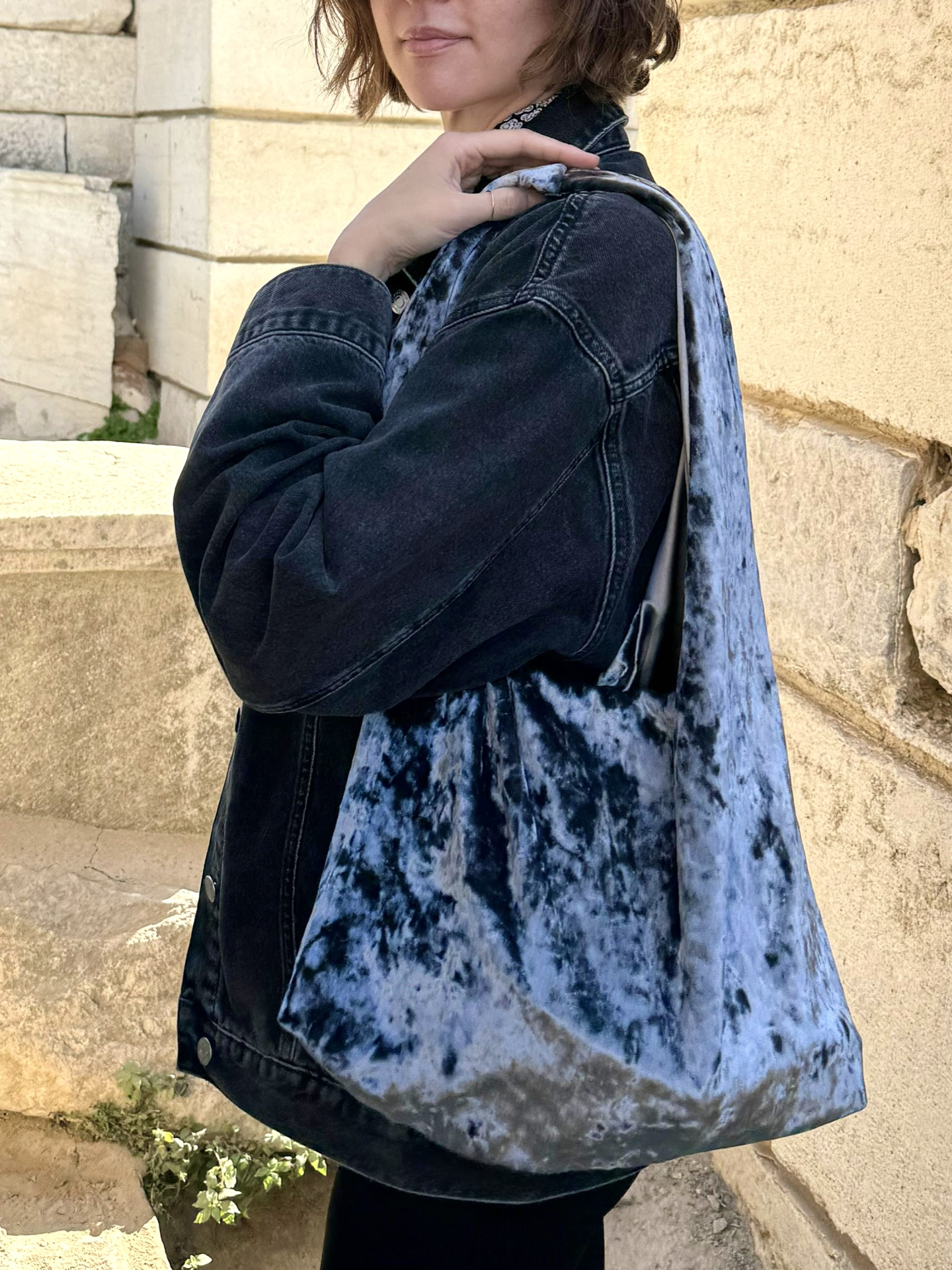 Gray crushed velvet over the shoulder bag handmade in Turkey, Esra Kayira brand.
