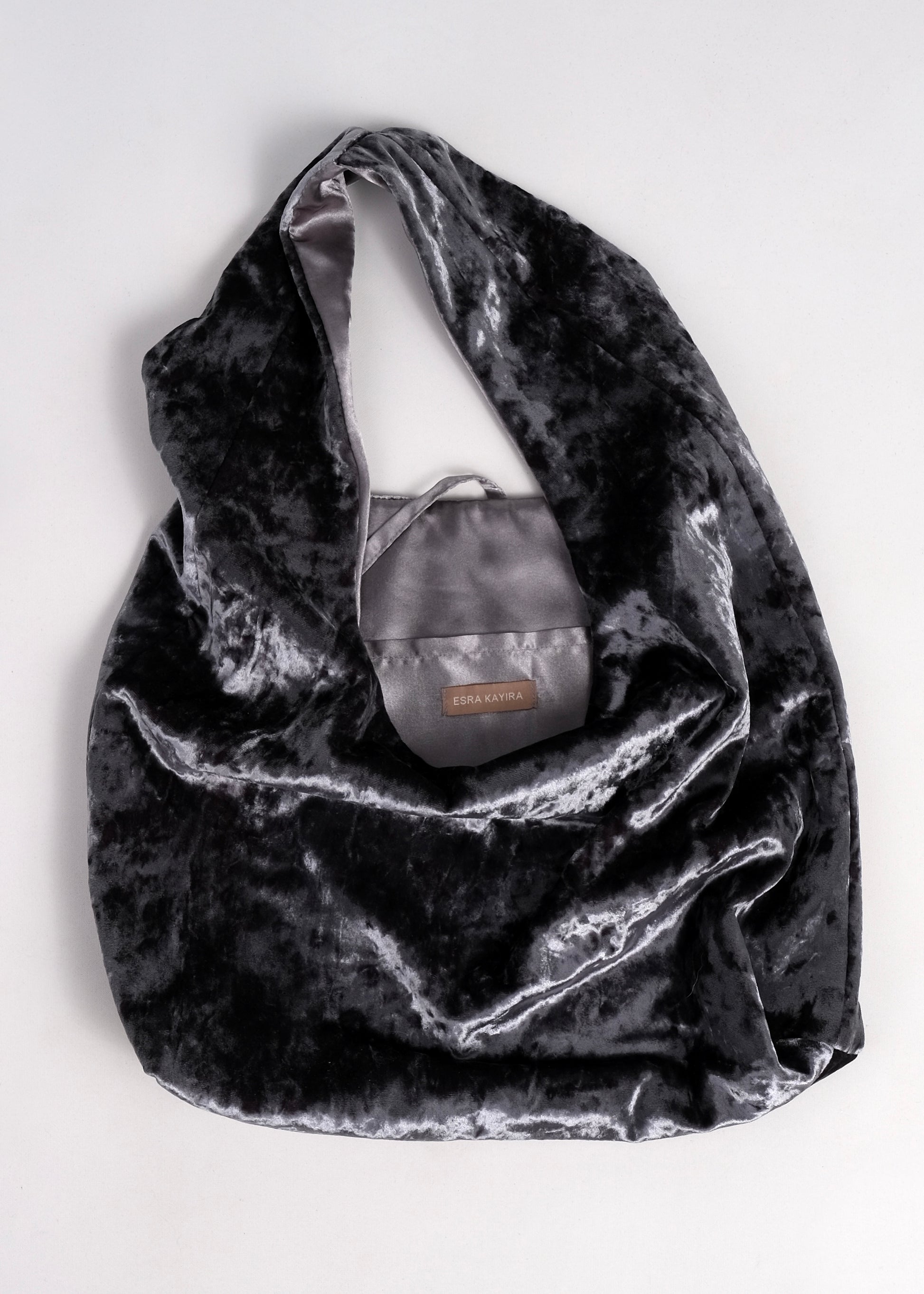 Gray crushed velvet over the shoulder bag handmade in Turkey, Esra Kayira brand.
