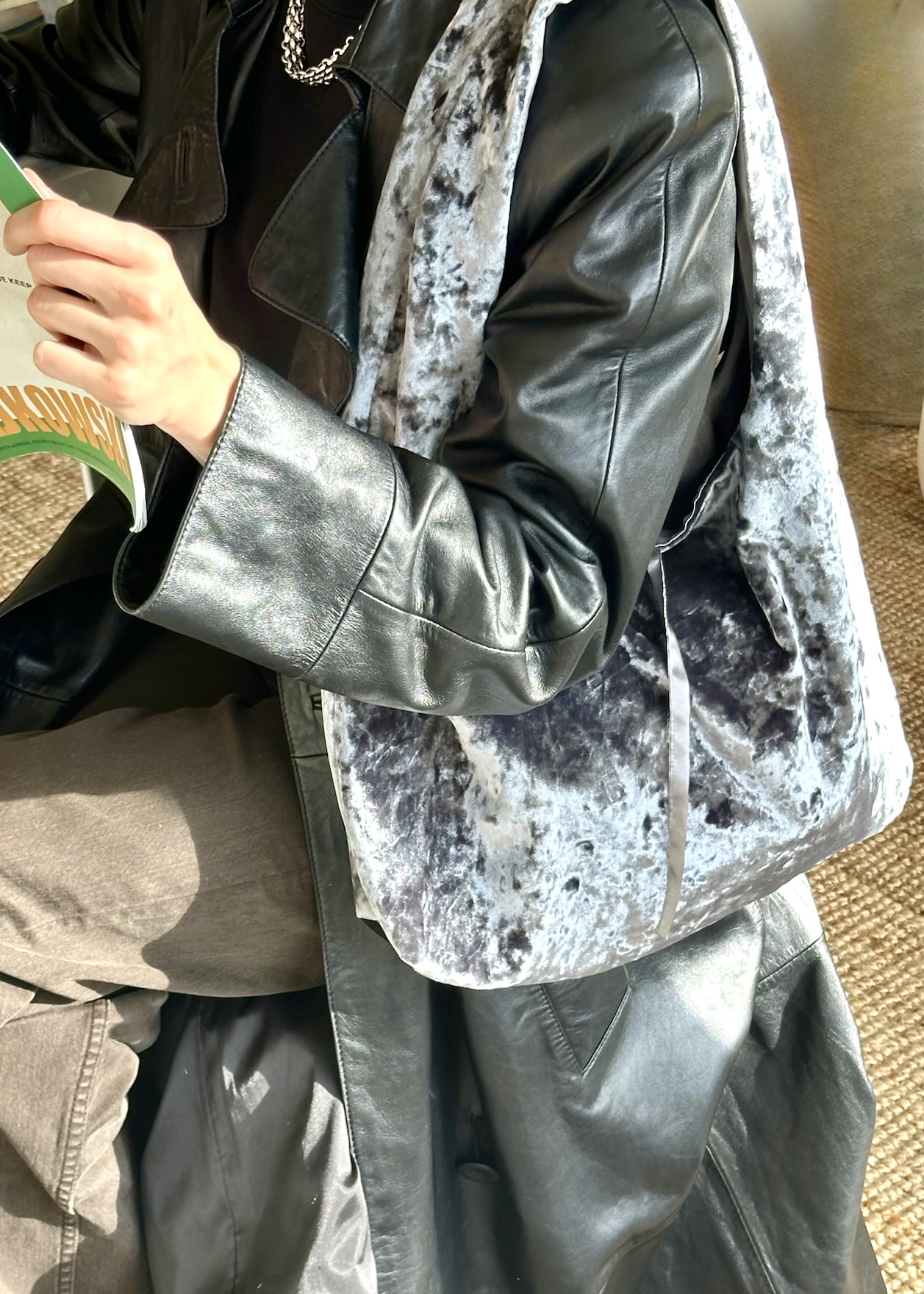 Gray crushed velvet over the shoulder bag handmade in Turkey, Esra Kayira brand.