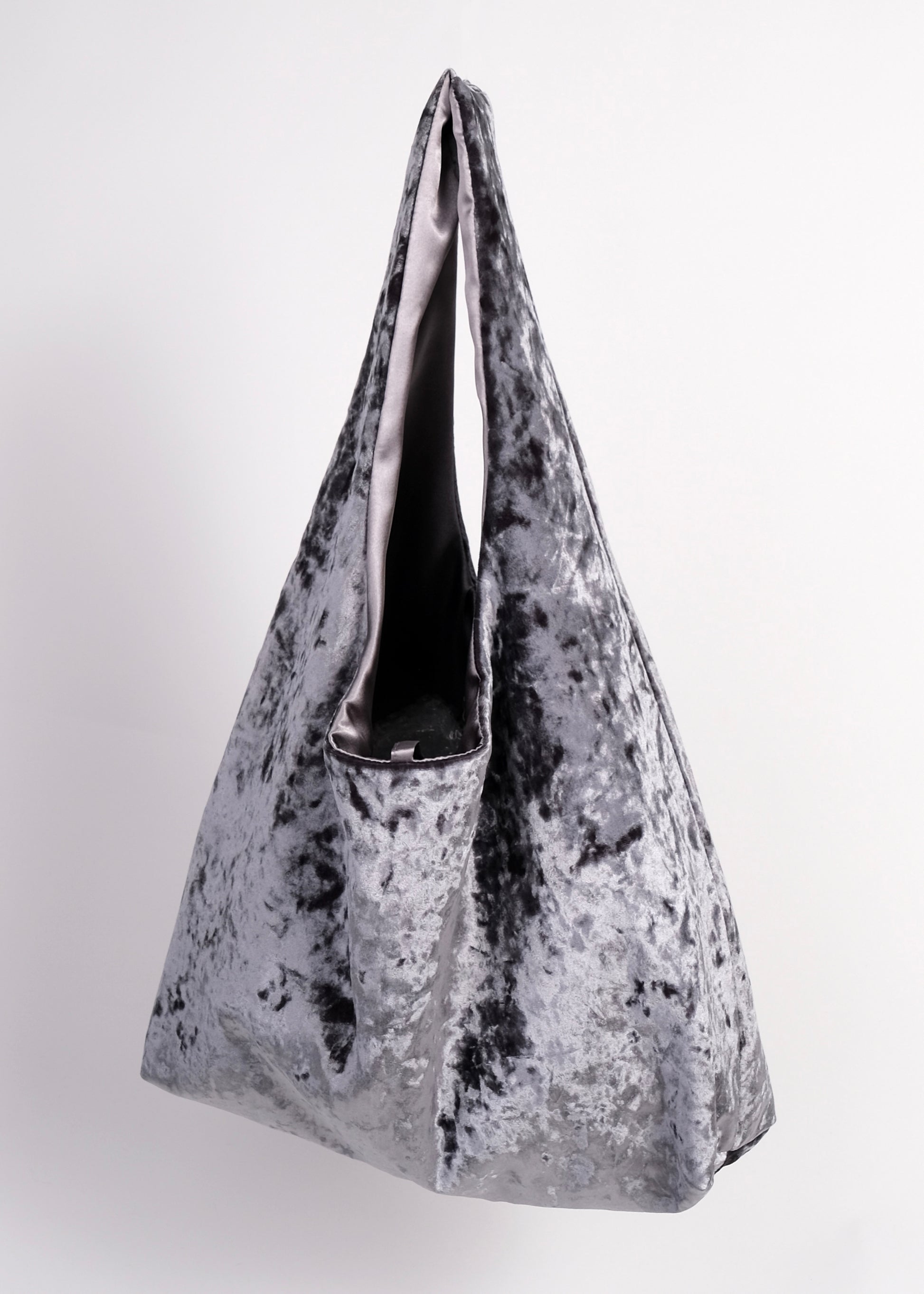 Gray crushed velvet over the shoulder bag handmade in Turkey, Esra Kayira brand.