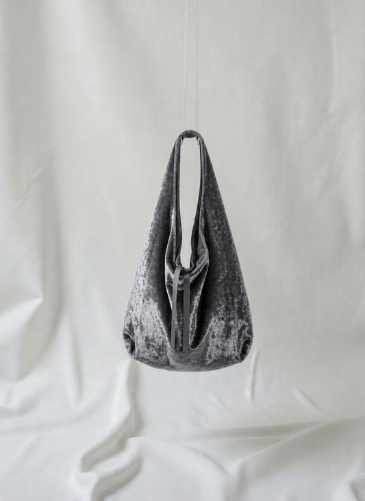 Gray over the shoulder bag, crushed velvet fabric, part of Esra Kayira collection