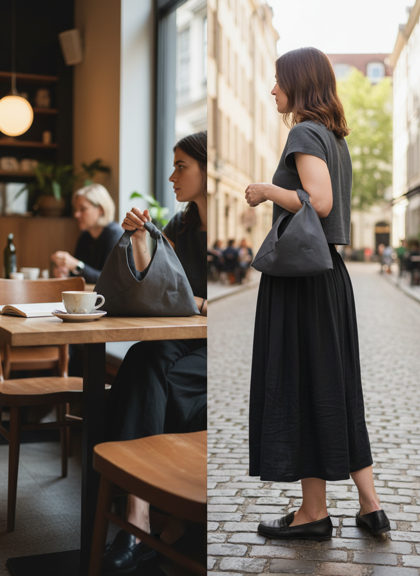 Gray, mini size canvas origami bag handmade in Turkey, lifestyle, by Esra Kayira brand. 