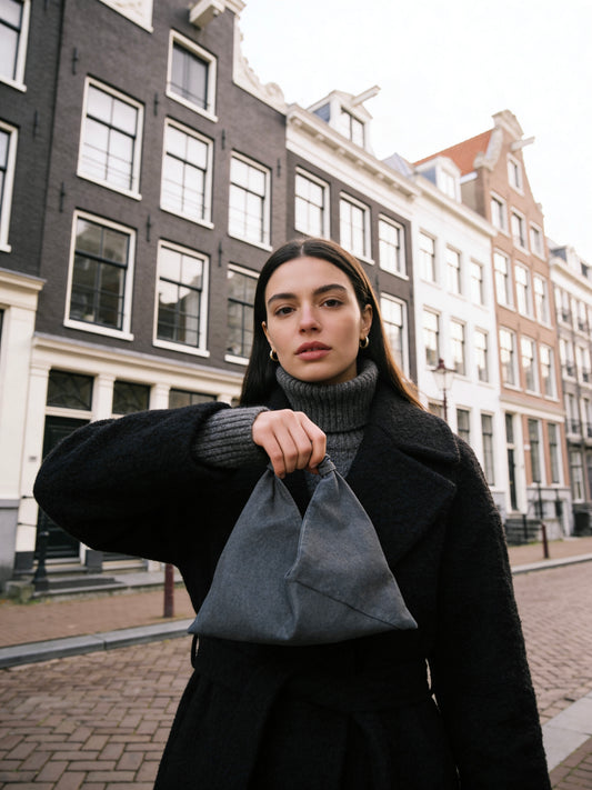 Gray, mini size canvas origami bag handmade in Turkey, lifestyle, by Esra Kayira brand. 