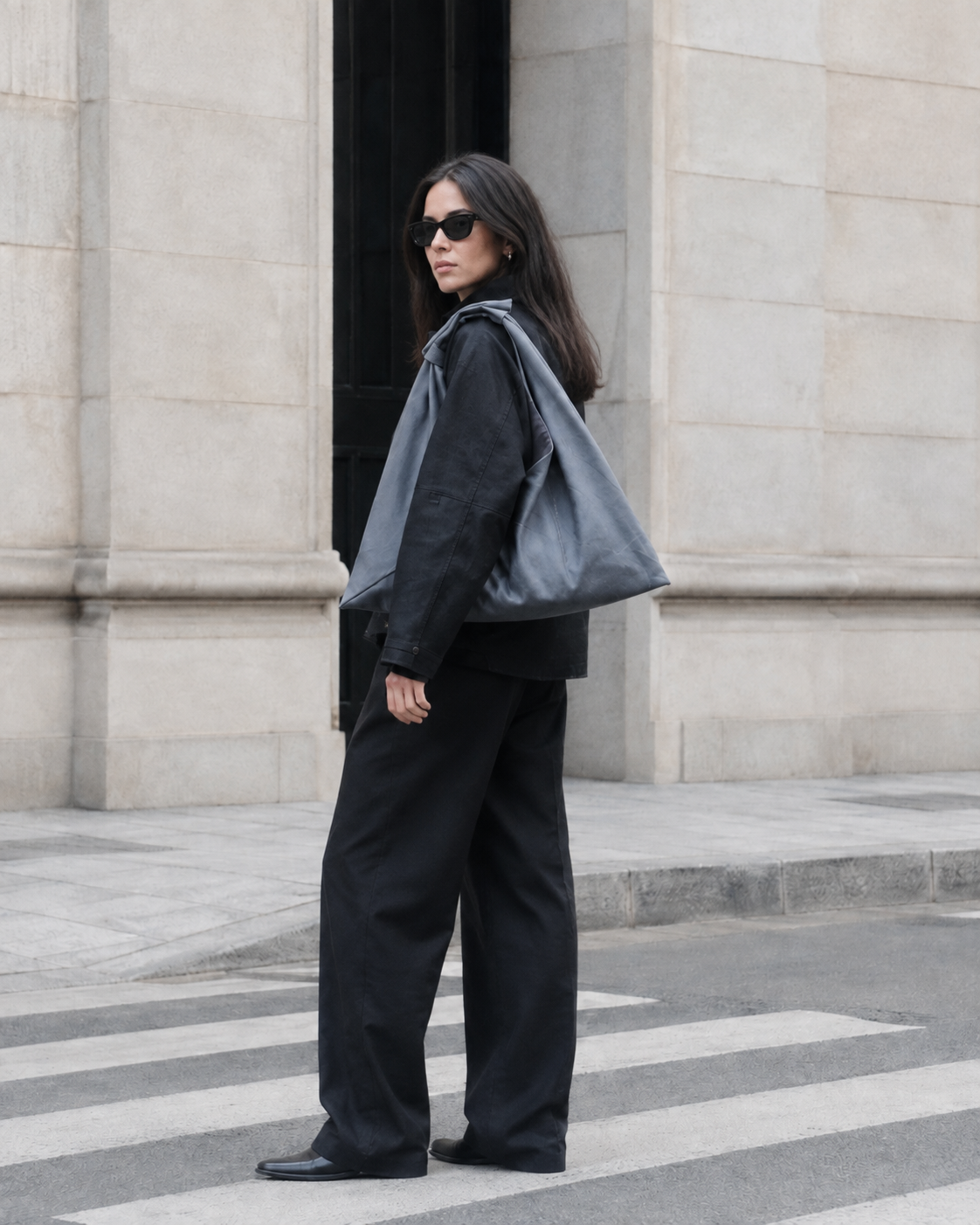 Gray waxed canvas origami midi bag by Esra Kayira brand