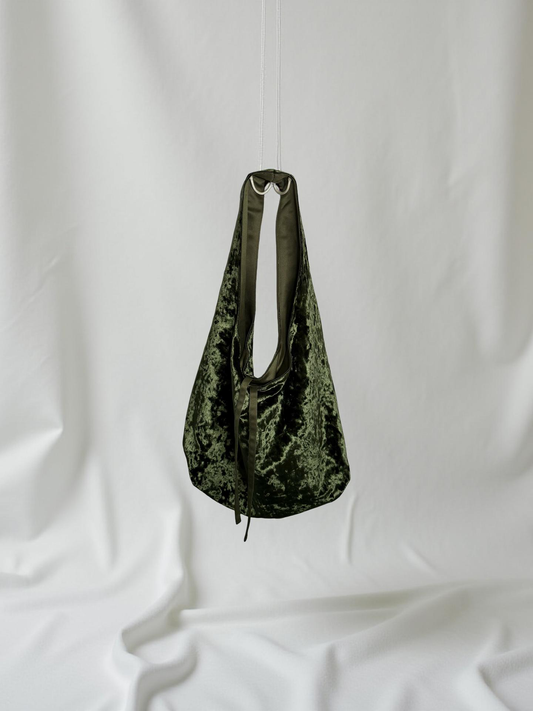 Green crushed velvet bag handmade in Turkey, Esra Kayira brand.
