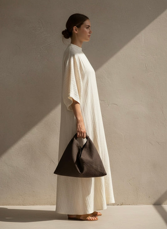 Dark brown linen origami bag small – handmade linen shoulder bag by Esra Kayira brand
