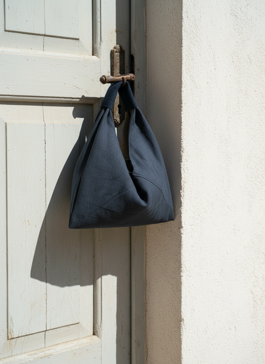 Navy linen origami bag small – handmade linen shoulder bag by Esra Kayira brand