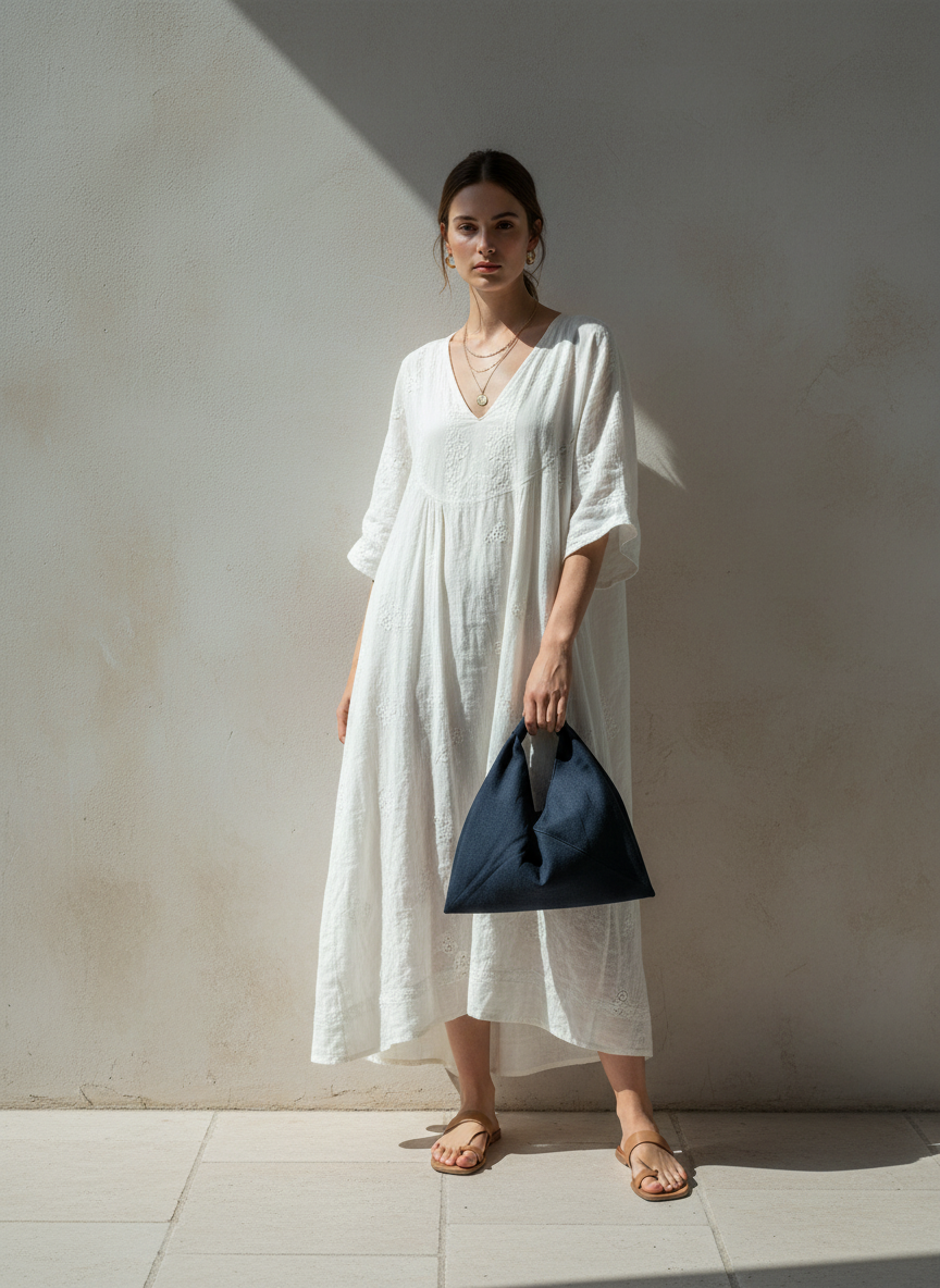 Navy linen origami bag small on a model– handmade linen shoulder bag by Esra Kayira brand