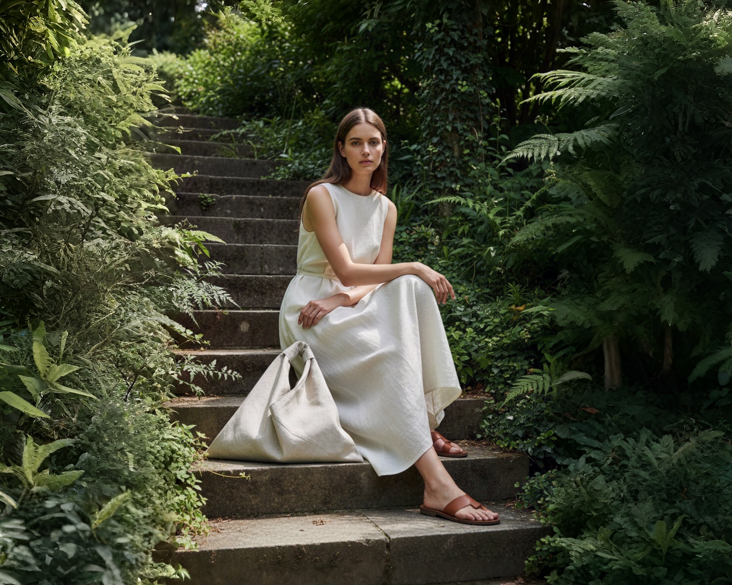 Linen origami bag photoshoot with a model sitting on the stairs. 