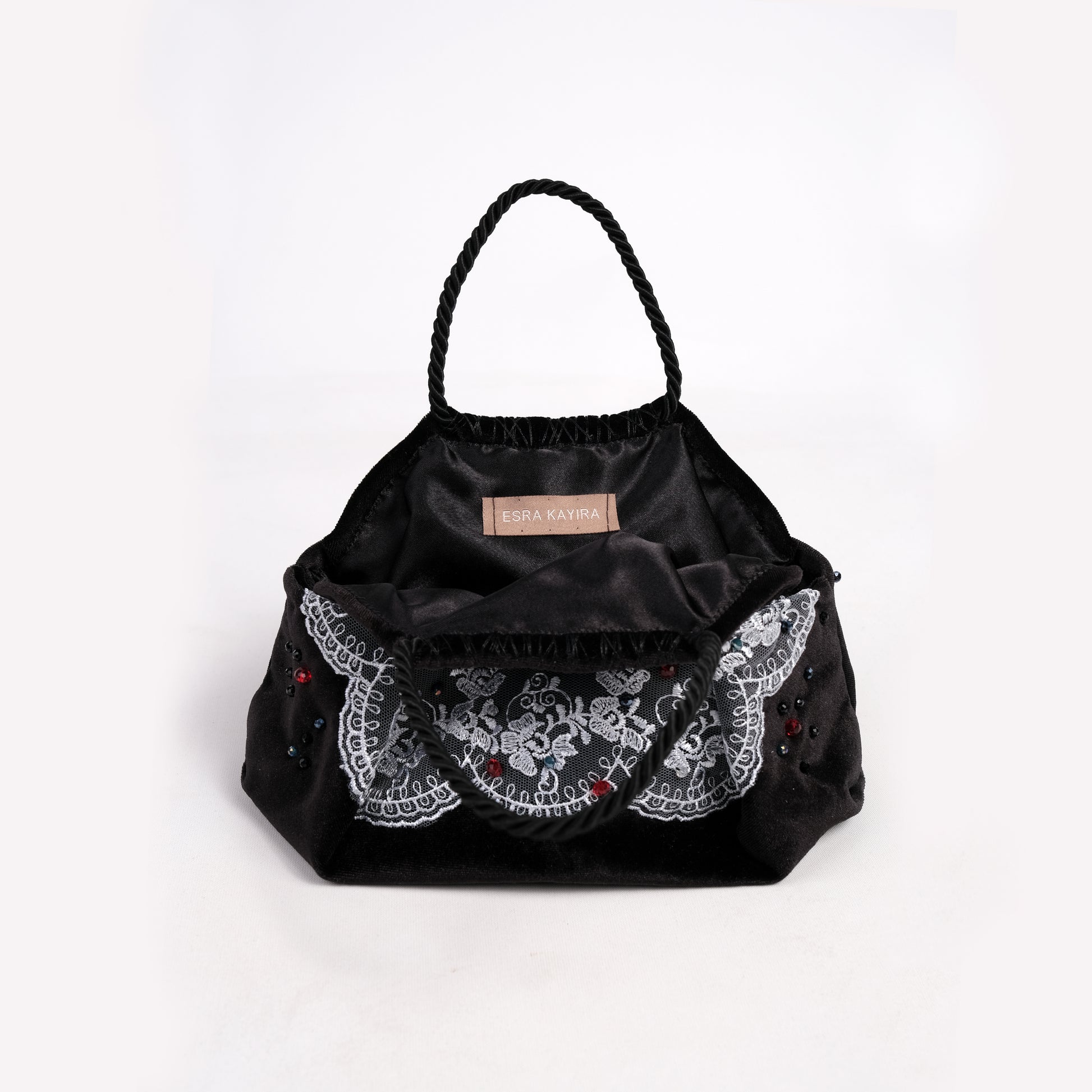 Mini black and blue velvet bag handmade in Turkey by Esra Kayıra