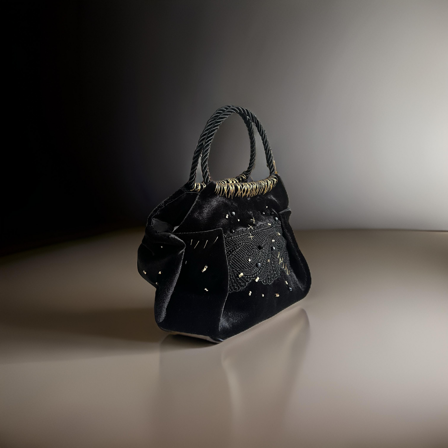 Mini black velvet bag, with black lace detail, handmade in Turkey by Esra Kayıra
