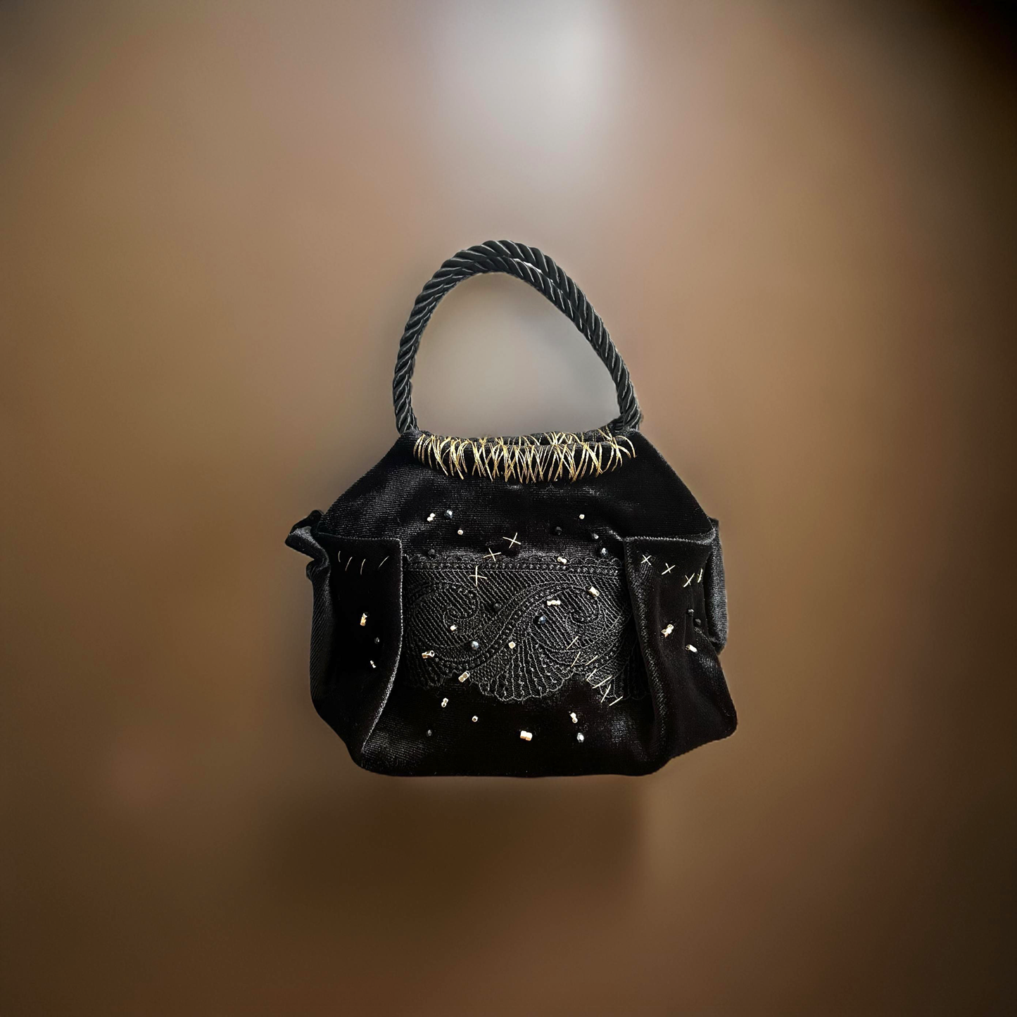 Mini black velvet bag, with black lace detail, handmade in Turkey by Esra Kayıra
