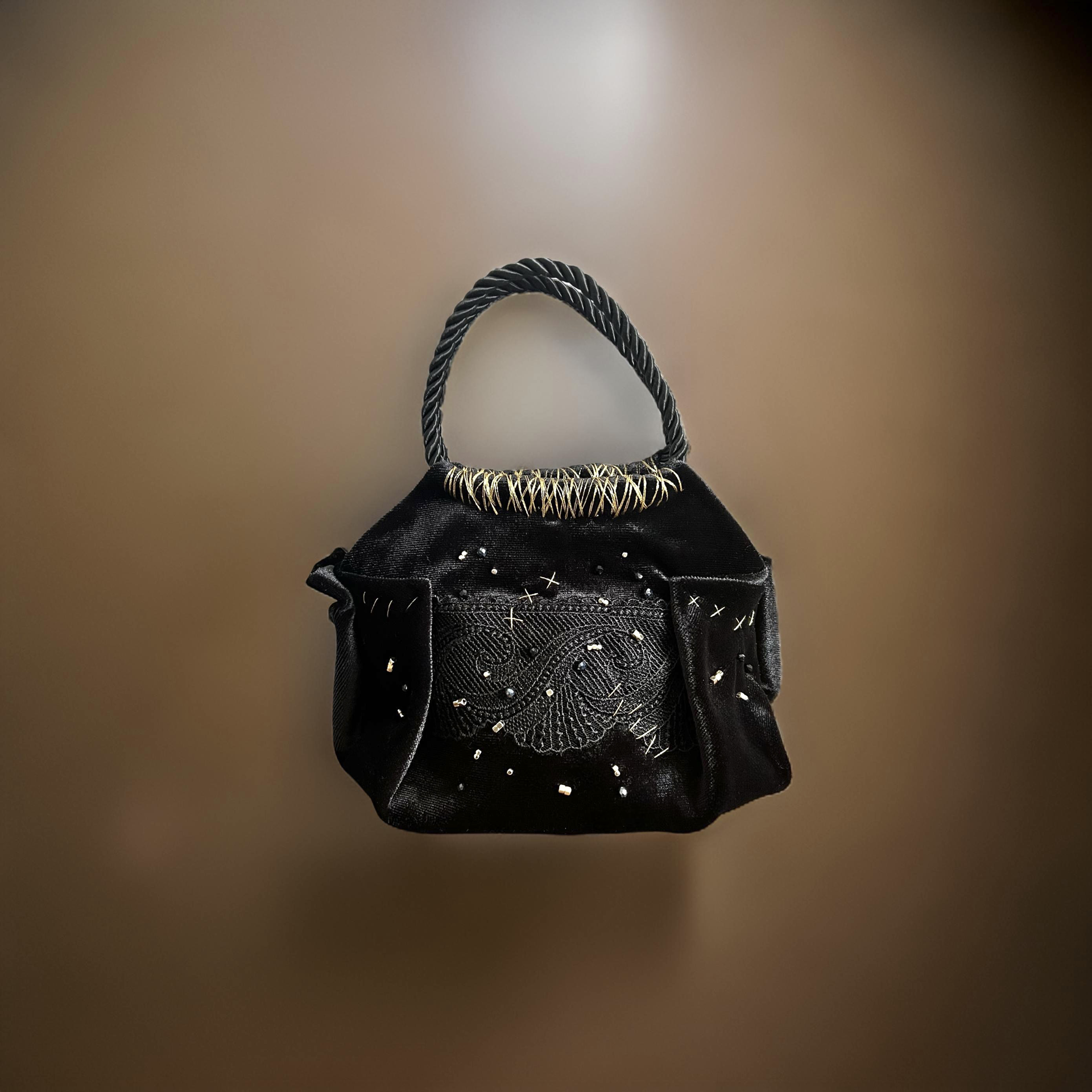 Mini black velvet bag, with black lace detail, handmade in Turkey by Esra Kayıra
