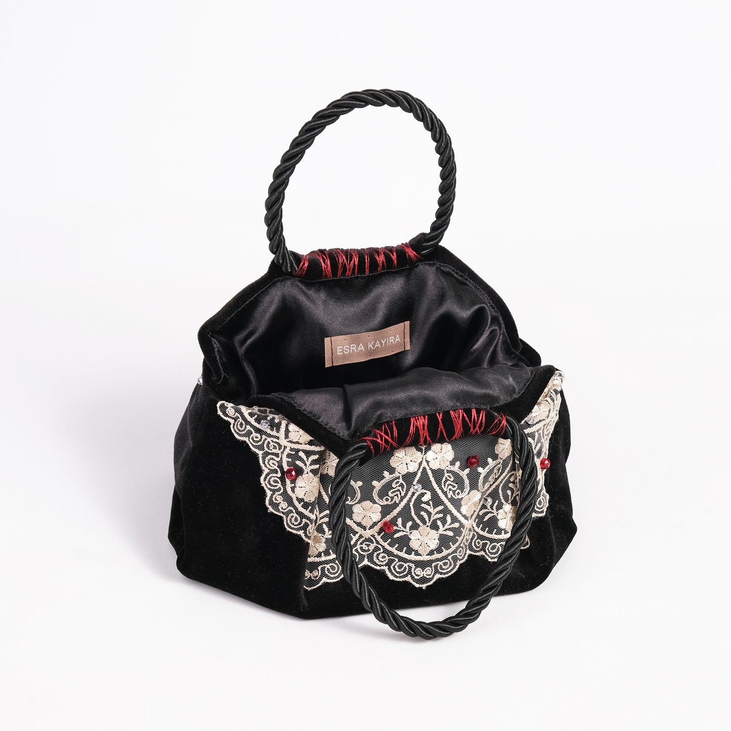 Mini black velvet bag with flower lace, handmade in Turkey by Esra Kayıra