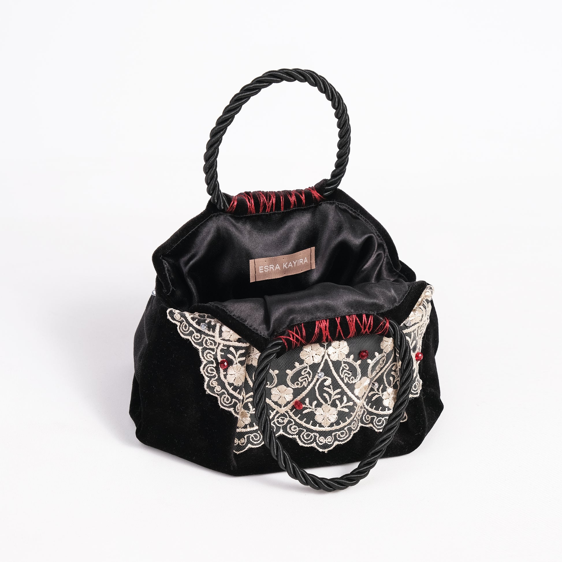 Mini black velvet bag with flower lace, handmade in Turkey by Esra Kayıra