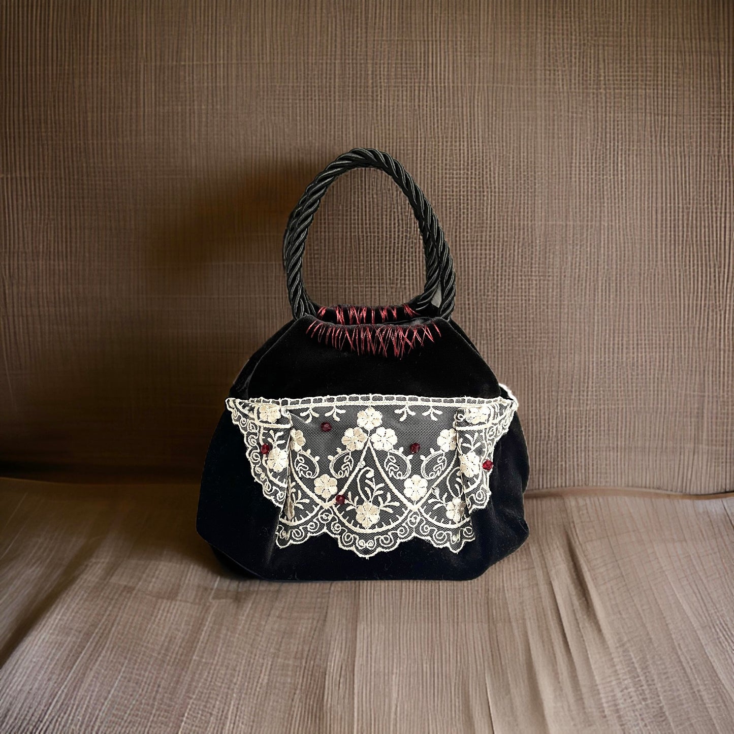 Mini black velvet bag with flower lace, handmade in Turkey by Esra Kayıra