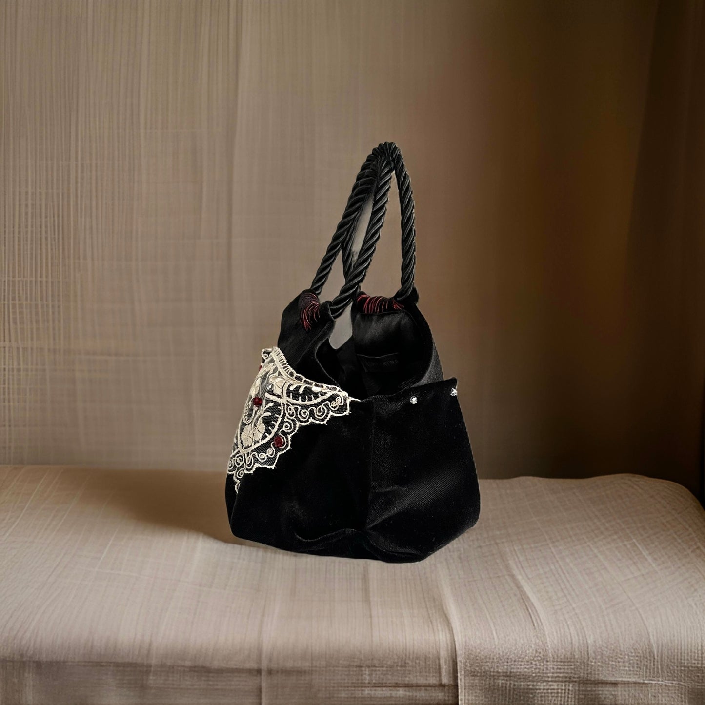 Mini black velvet bag with flower lace, handmade in Turkey by Esra Kayıra