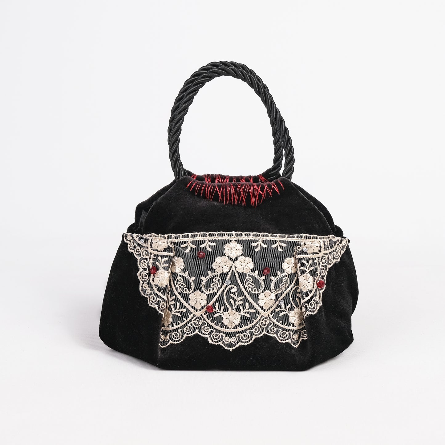 Mini black velvet bag with flower lace, handmade in Turkey by Esra Kayıra