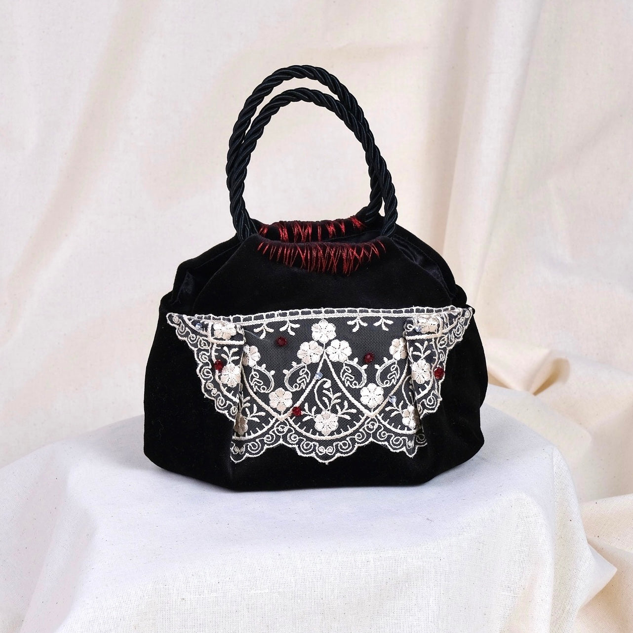 Mini black velvet bag with flower lace, handmade in Turkey by Esra Kayıra