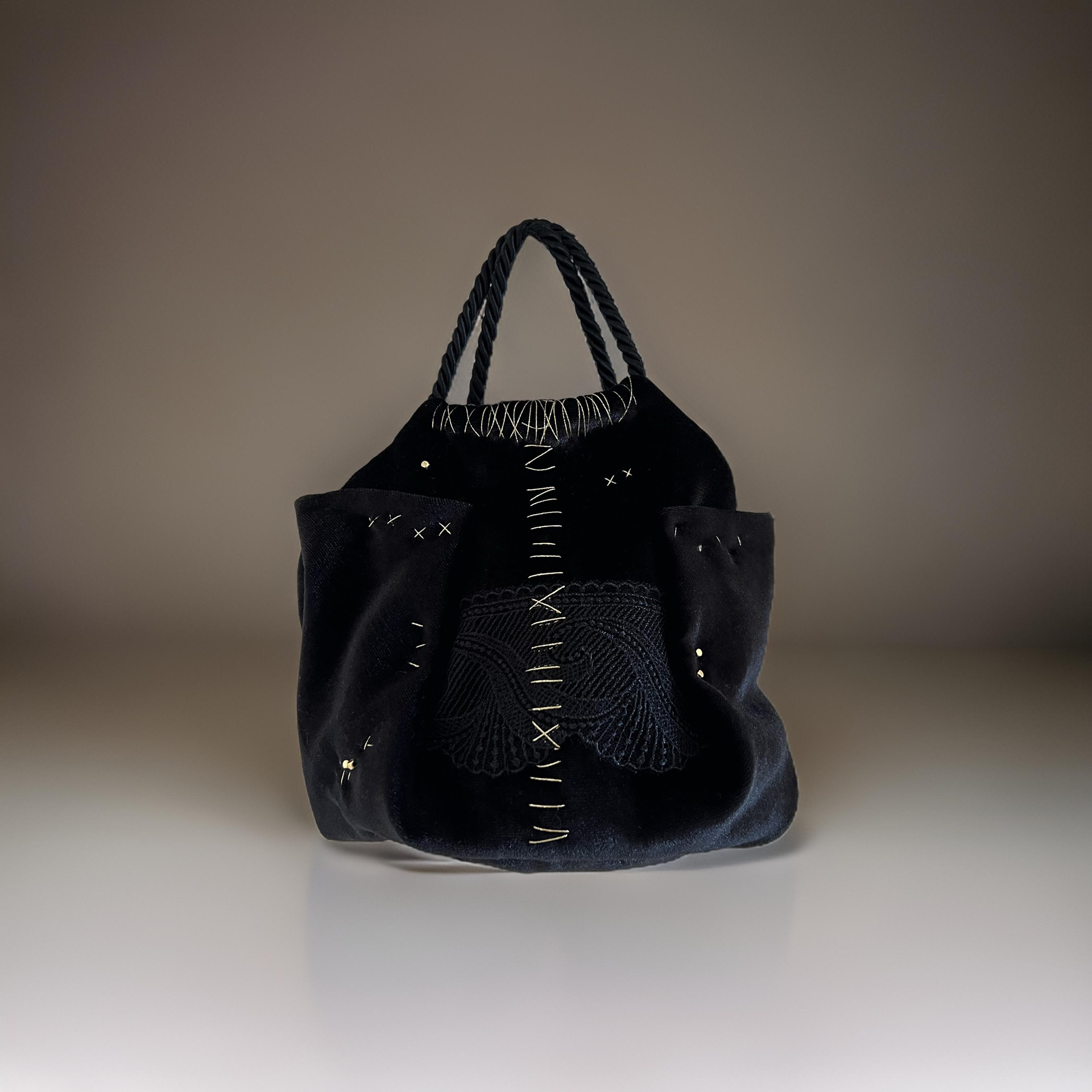 Mini black velvet bag with gold detail, handmade in Turkey by Esra Kayıra
