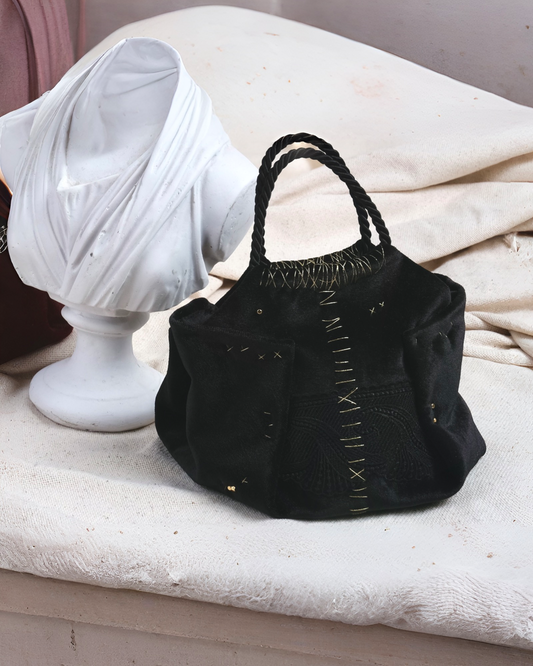 Mini black velvet bag with gold detail, handmade in Turkey by Esra Kayıra