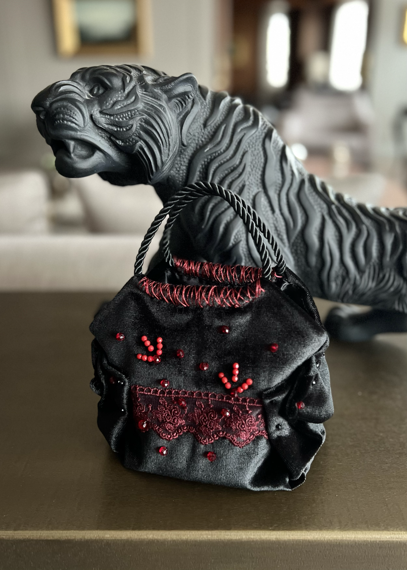 Mini black velvet bag with red detail, handmade in Turkey by Esra Kayıra