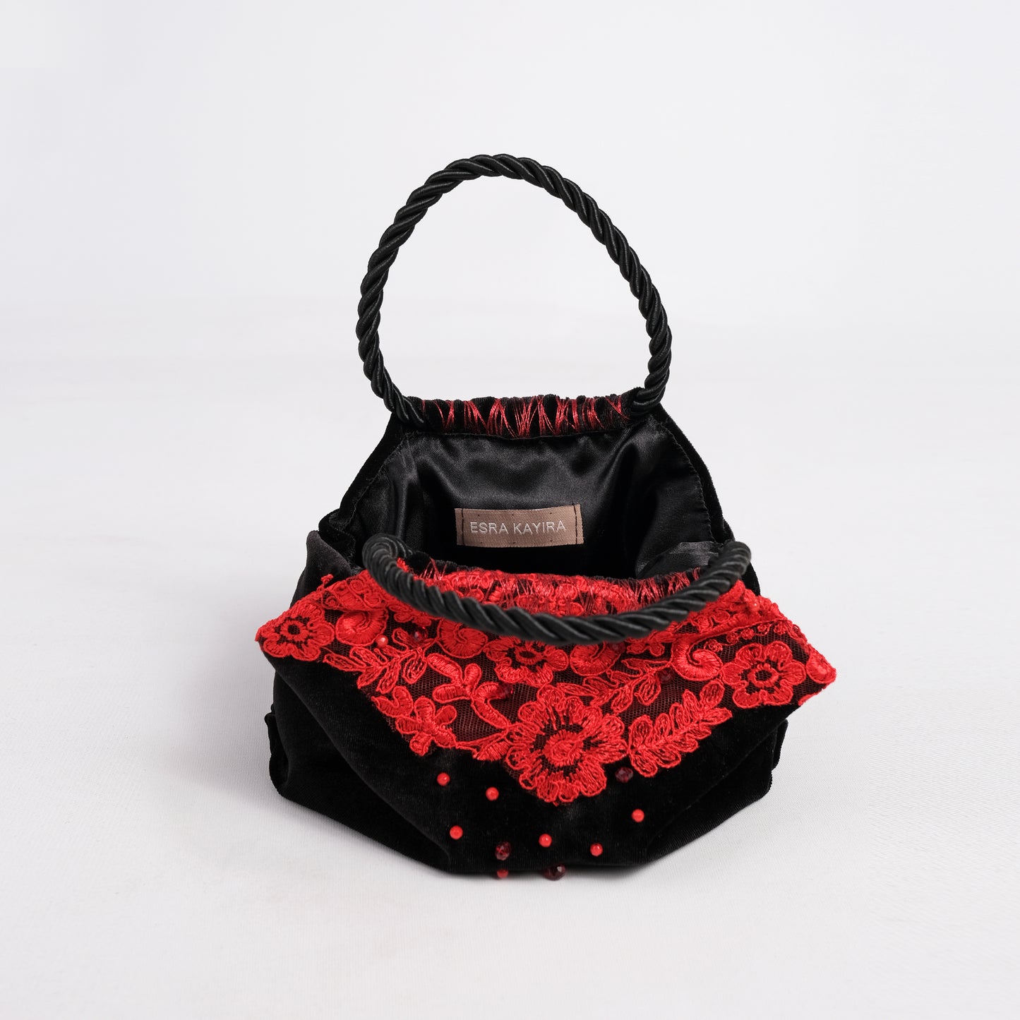 Mini black velvet bag with red lace, handmade in Turkey by Esra Kayıra

