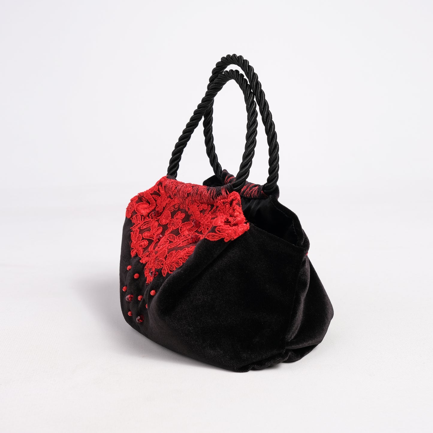 Mini black velvet bag with red lace, handmade in Turkey by Esra Kayıra
