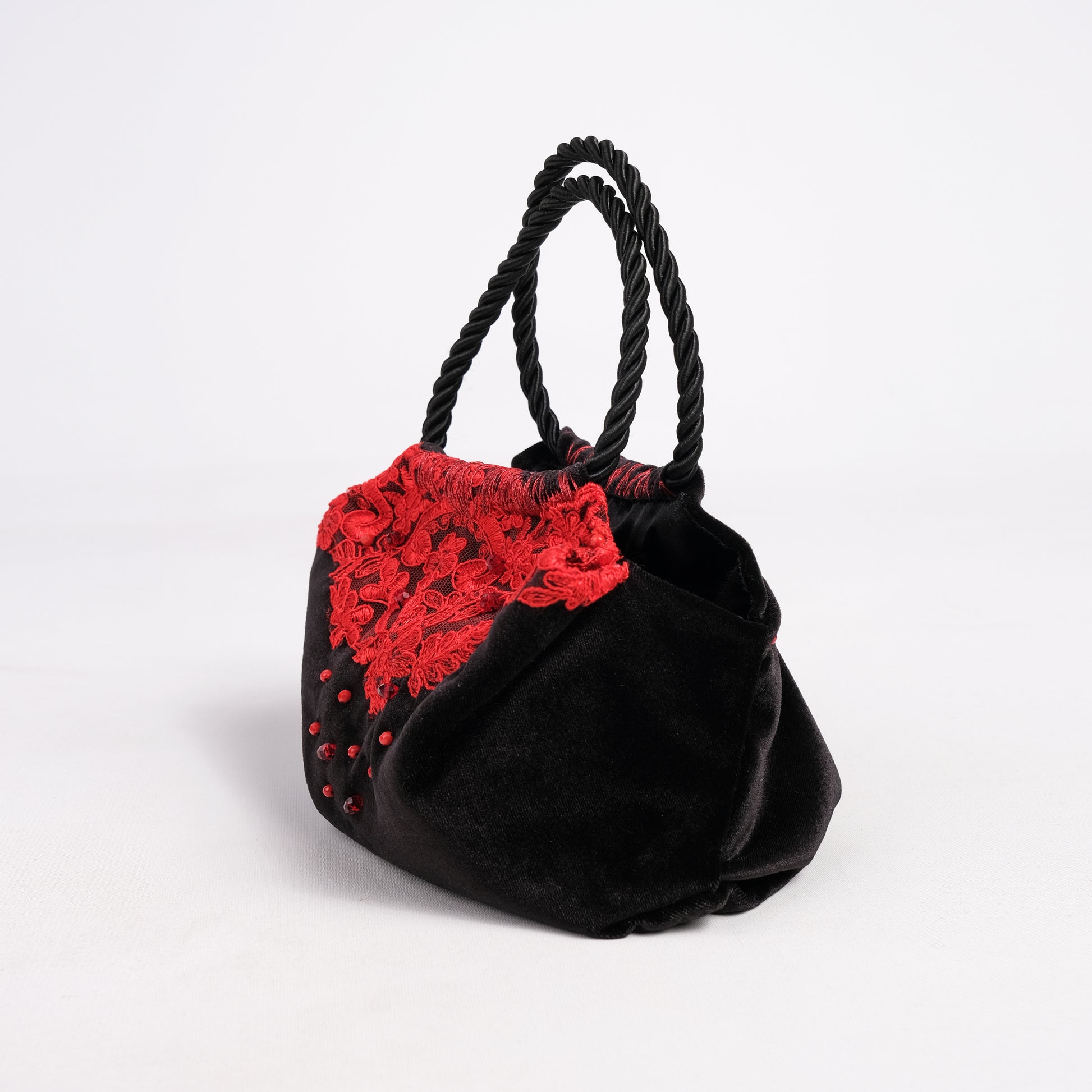 Mini black velvet bag with red lace, handmade in Turkey by Esra Kayıra
