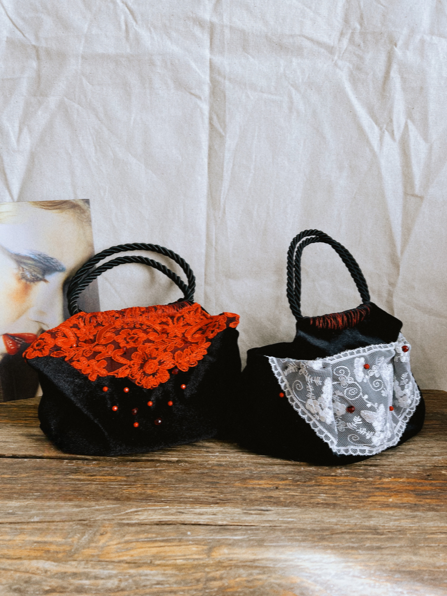 Mini black velvet bag with red lace, handmade in Turkey by Esra Kayıra
