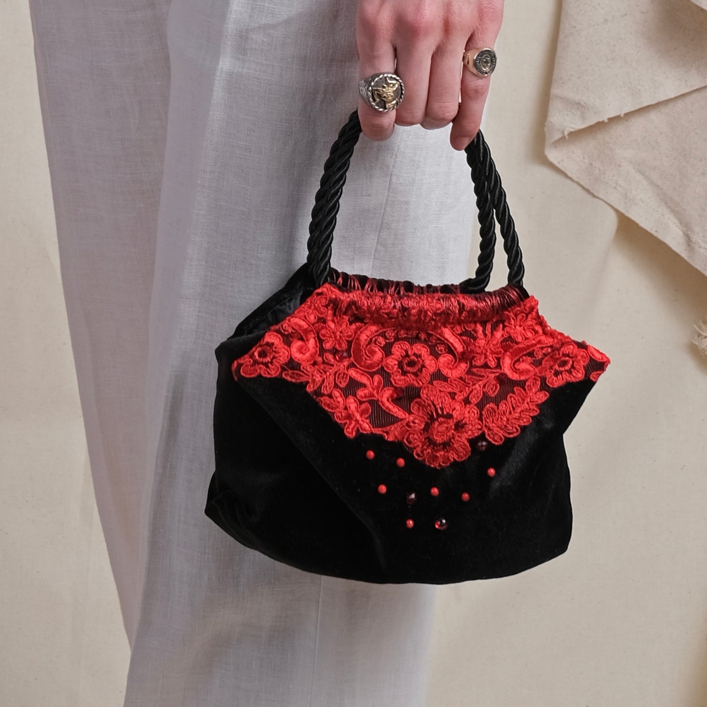 Mini black velvet bag with red lace, handmade in Turkey by Esra Kayıra
