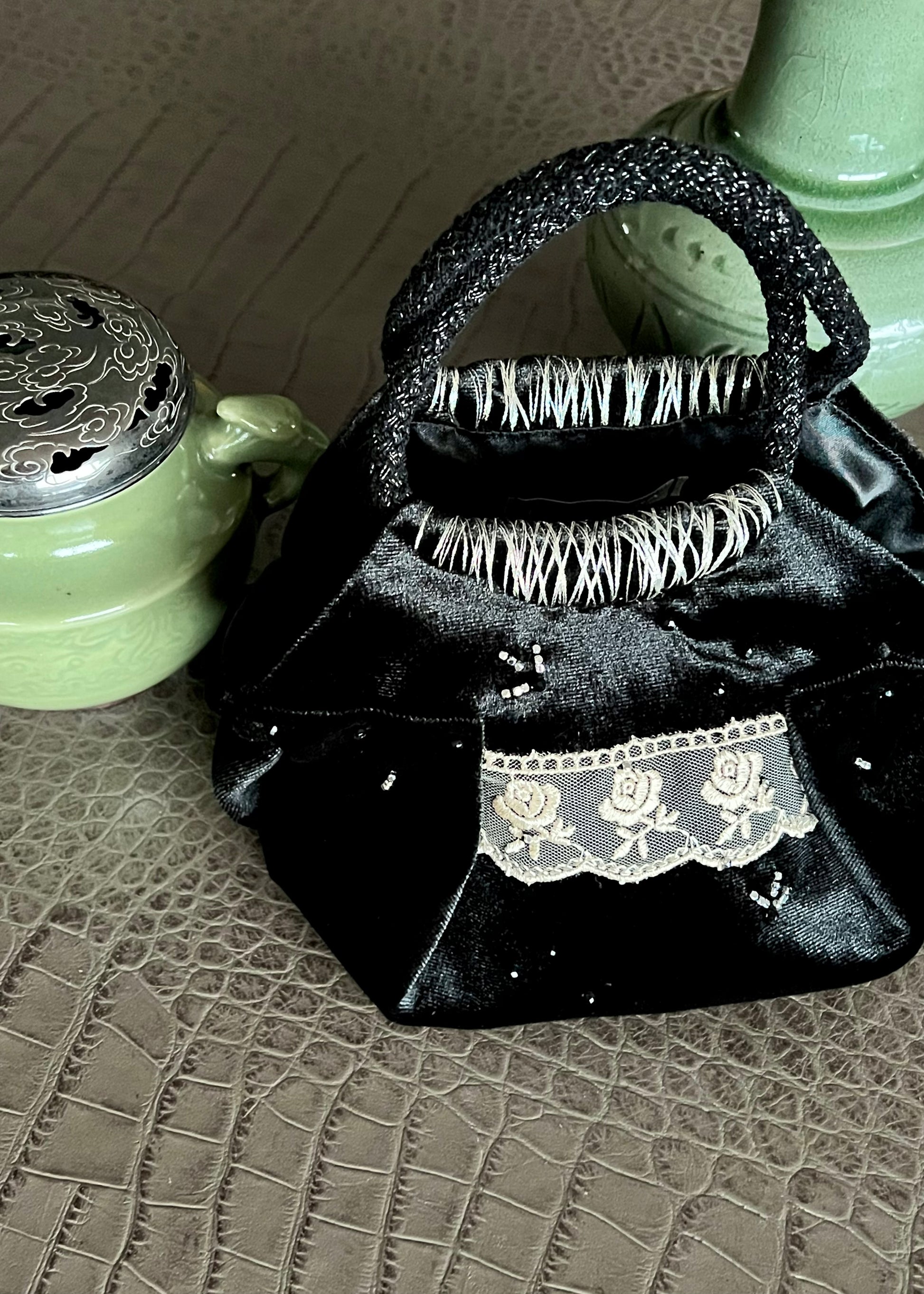 Mini black velvet bag with rose lace detail, handmade in Turkey by Esra Kayıra