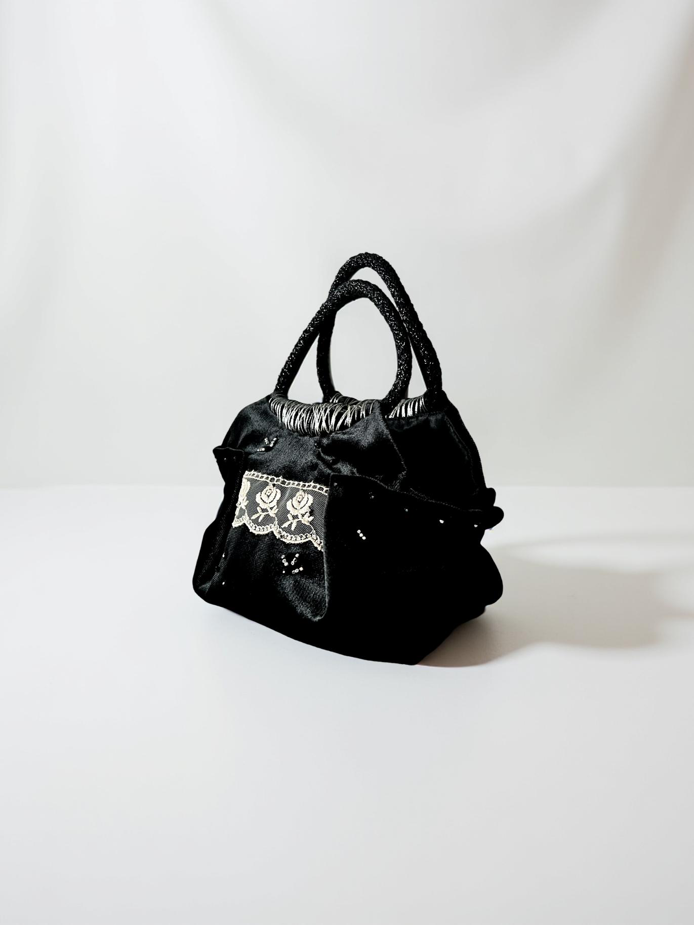 Mini black velvet bag with rose lace detail, handmade in Turkey by Esra Kayıra