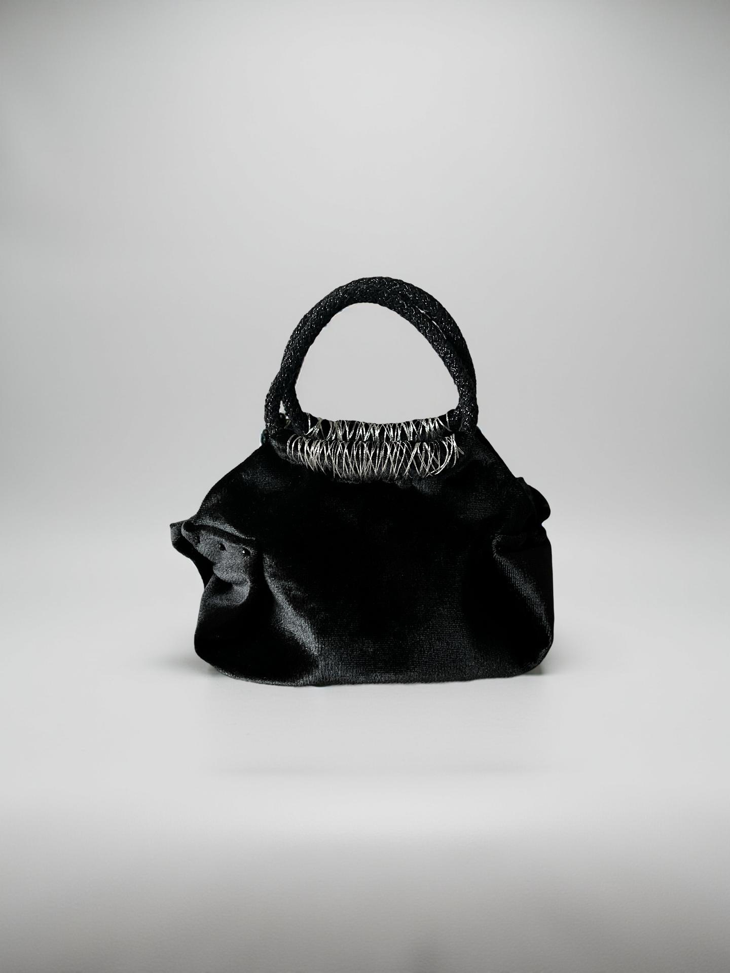 Mini black velvet bag with rose lace detail, handmade in Turkey by Esra Kayıra