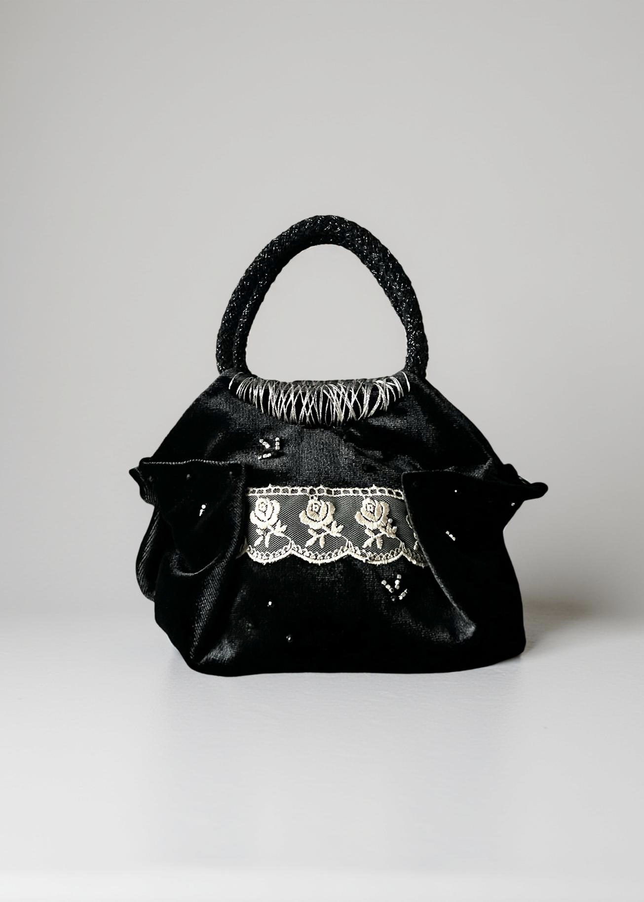 Mini black velvet bag with rose lace detail, handmade in Turkey by Esra Kayıra