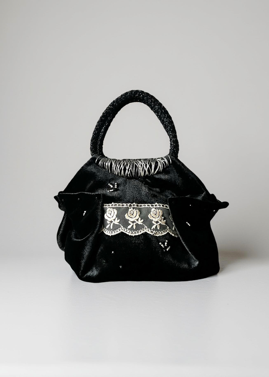 Mini black velvet bag with rose lace detail, handmade in Turkey by Esra Kayıra