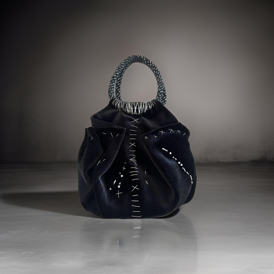 Mini black velvet bag with silver detail, handmade in Turkey by Esra Kayıra