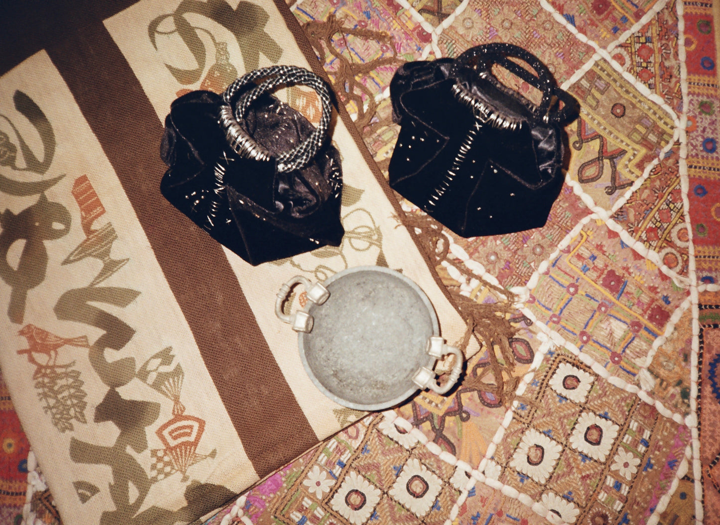 Mini black velvet bag with silver detail, handmade in Turkey by Esra Kayıra