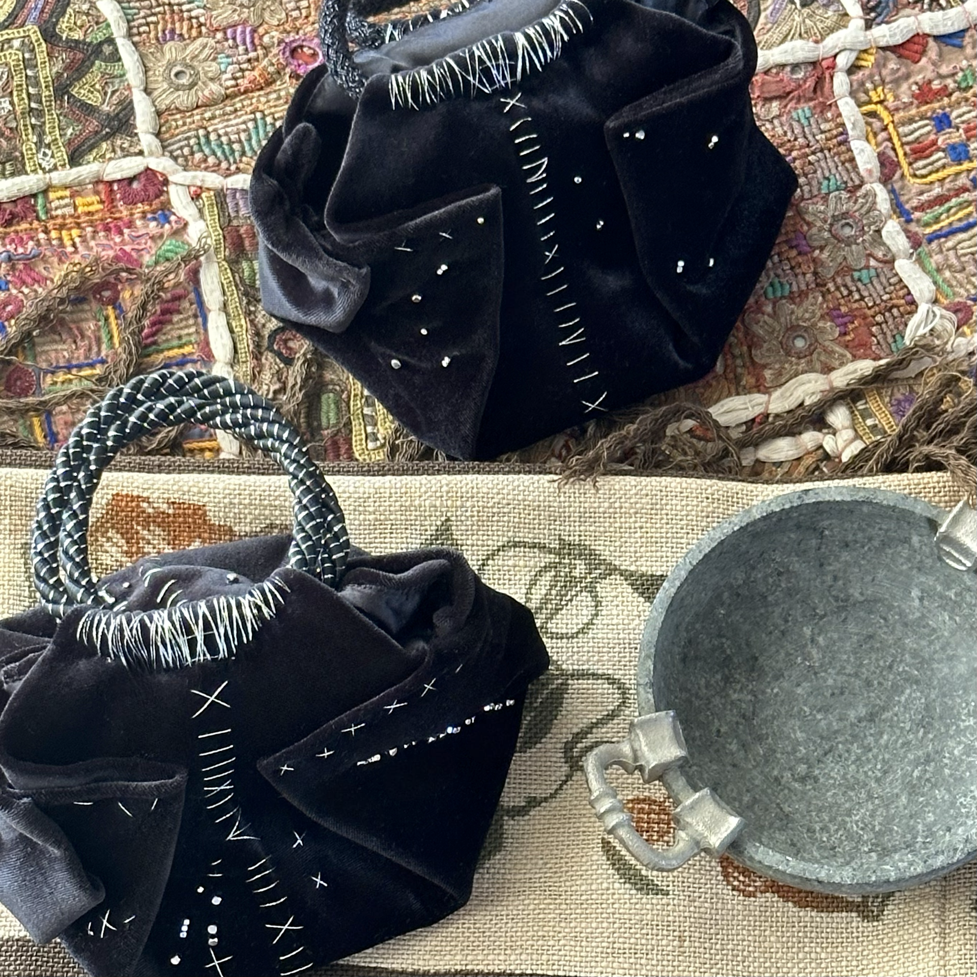 Mini black velvet bag with silver detail, handmade in Turkey by Esra Kayıra