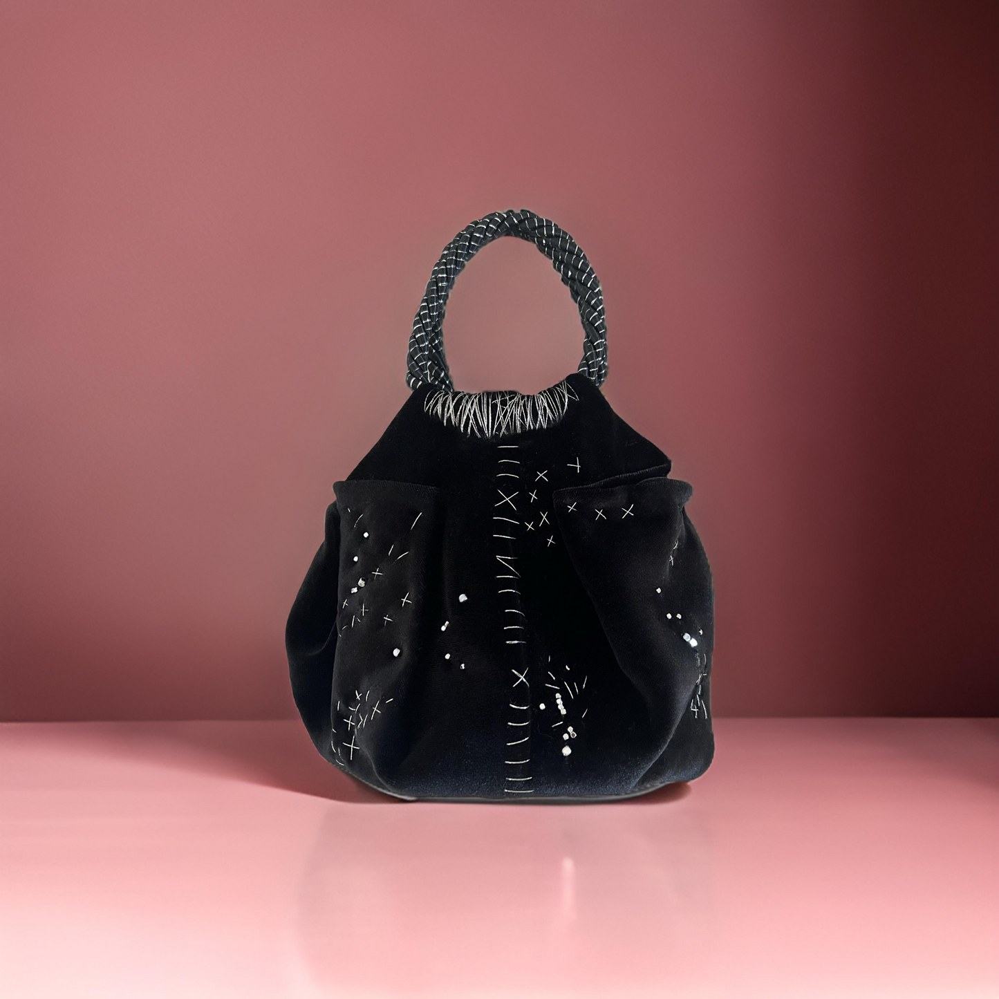 Mini black velvet bag with silver detail, handmade in Turkey by Esra Kayıra