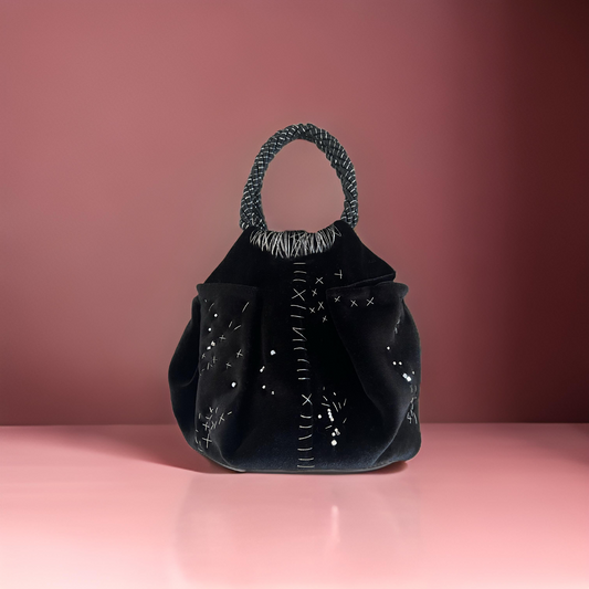Mini black velvet bag with silver detail, handmade in Turkey by Esra Kayıra