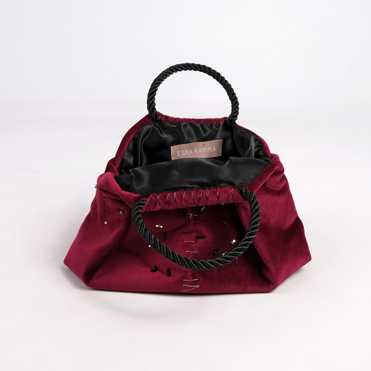 Mini burgundy velvet bag handmade in Turkey by Esra Kayıra

