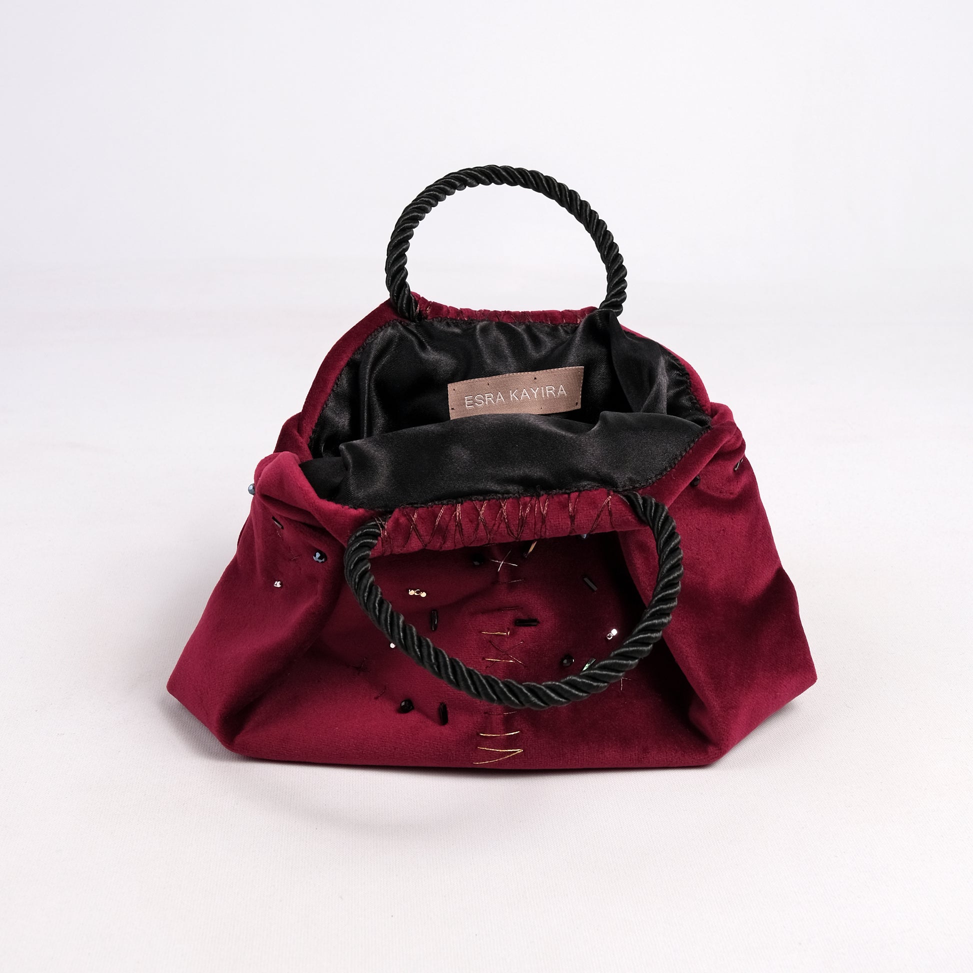 Mini burgundy velvet bag handmade in Turkey by Esra Kayıra
