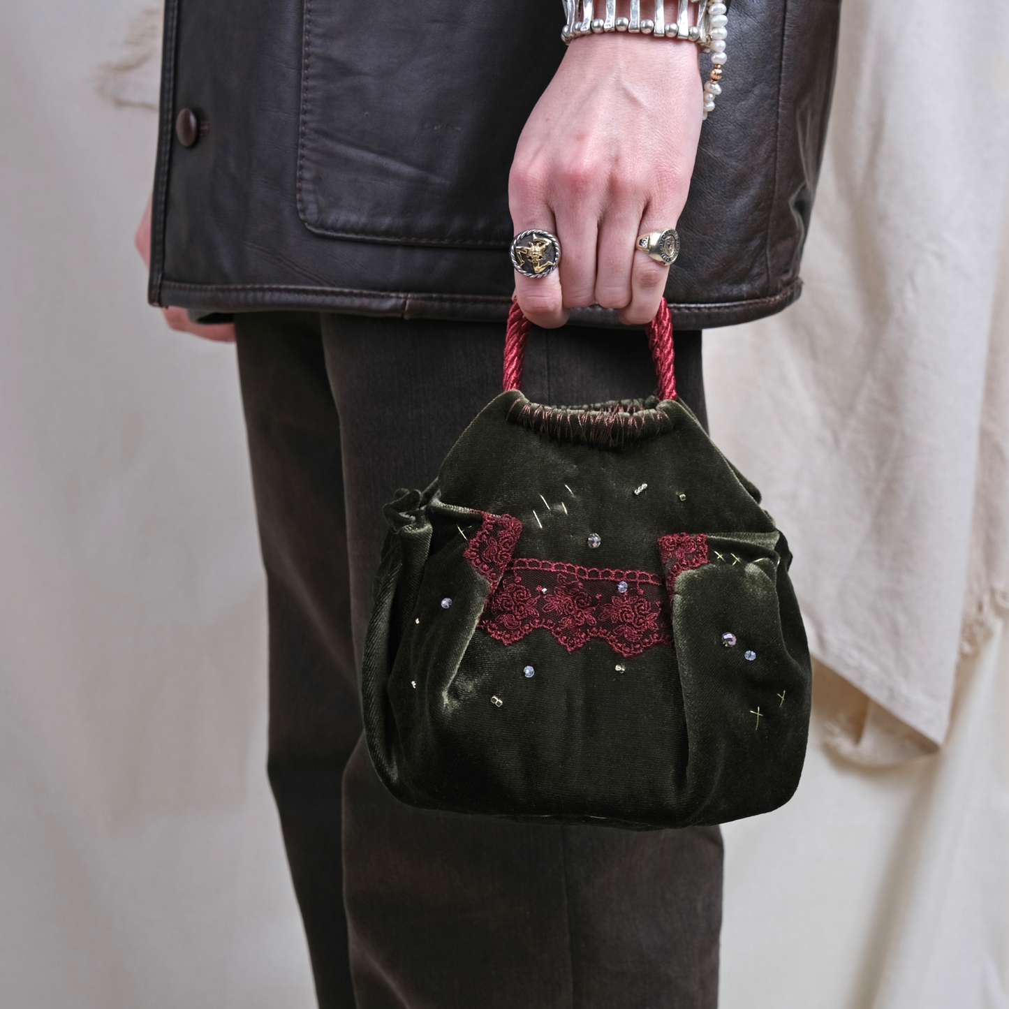 Mini green velvet bag with burgundy lace detail, handmade in Turkey by Esra Kayıra