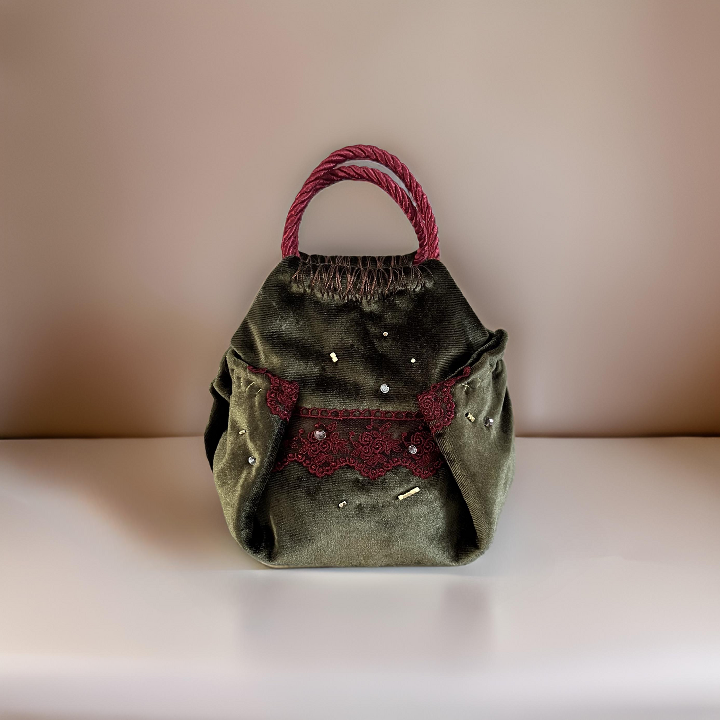 Mini green velvet bag with burgundy lace detail, handmade in Turkey by Esra Kayıra