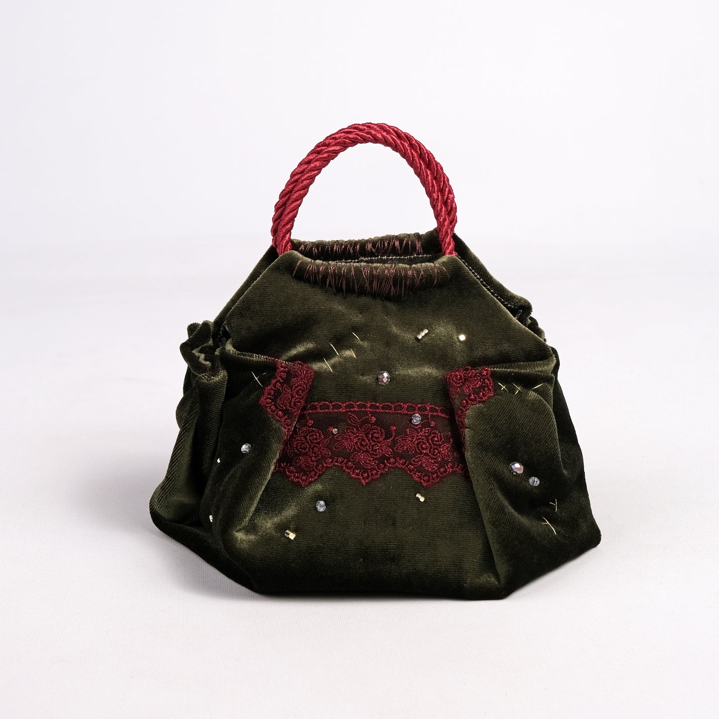 Mini green velvet bag with burgundy lace detail, handmade in Turkey by Esra Kayıra