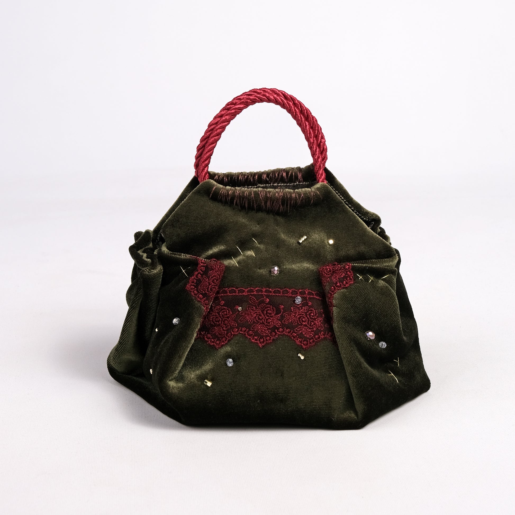 Mini green velvet bag with burgundy lace detail, handmade in Turkey by Esra Kayıra
